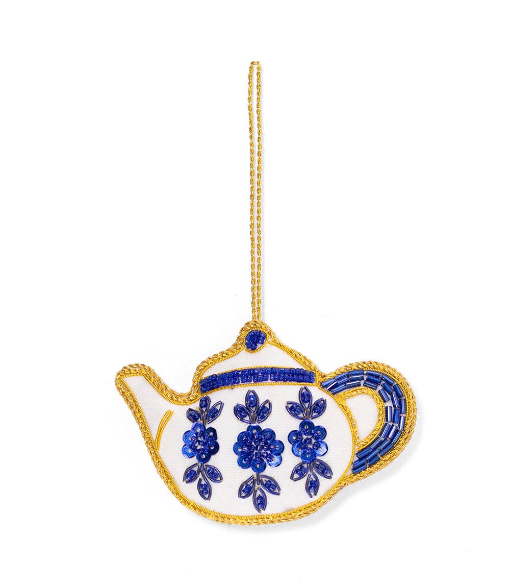 Larissa Plush Teapot Beaded Fabric Ornament - Embroidered
