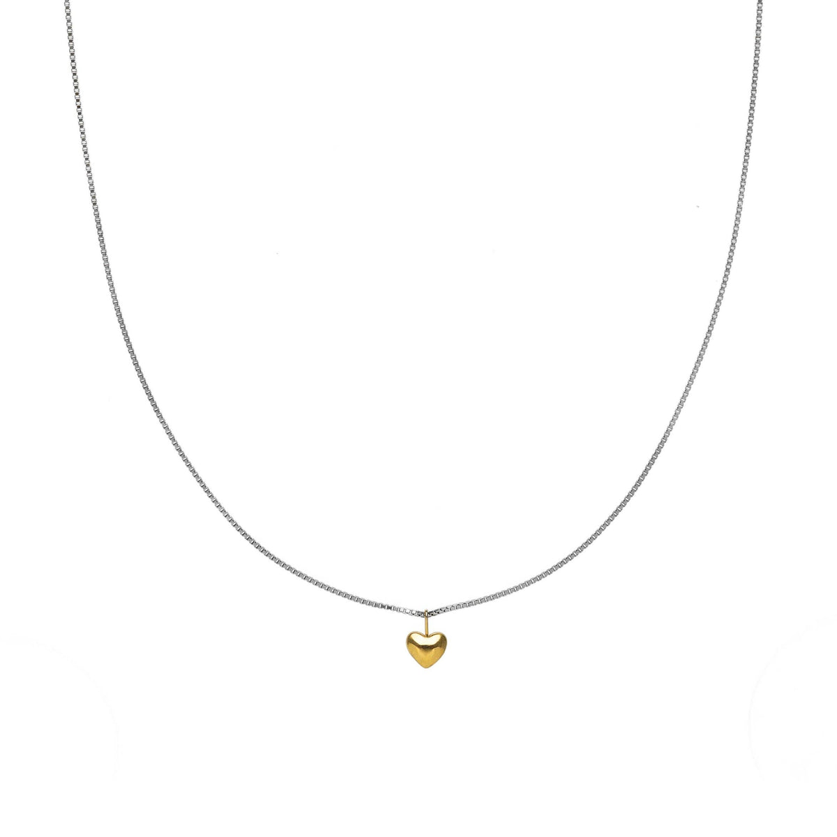 Waterproof Dainty Two-Tone Puffy Heart Necklace: Silver