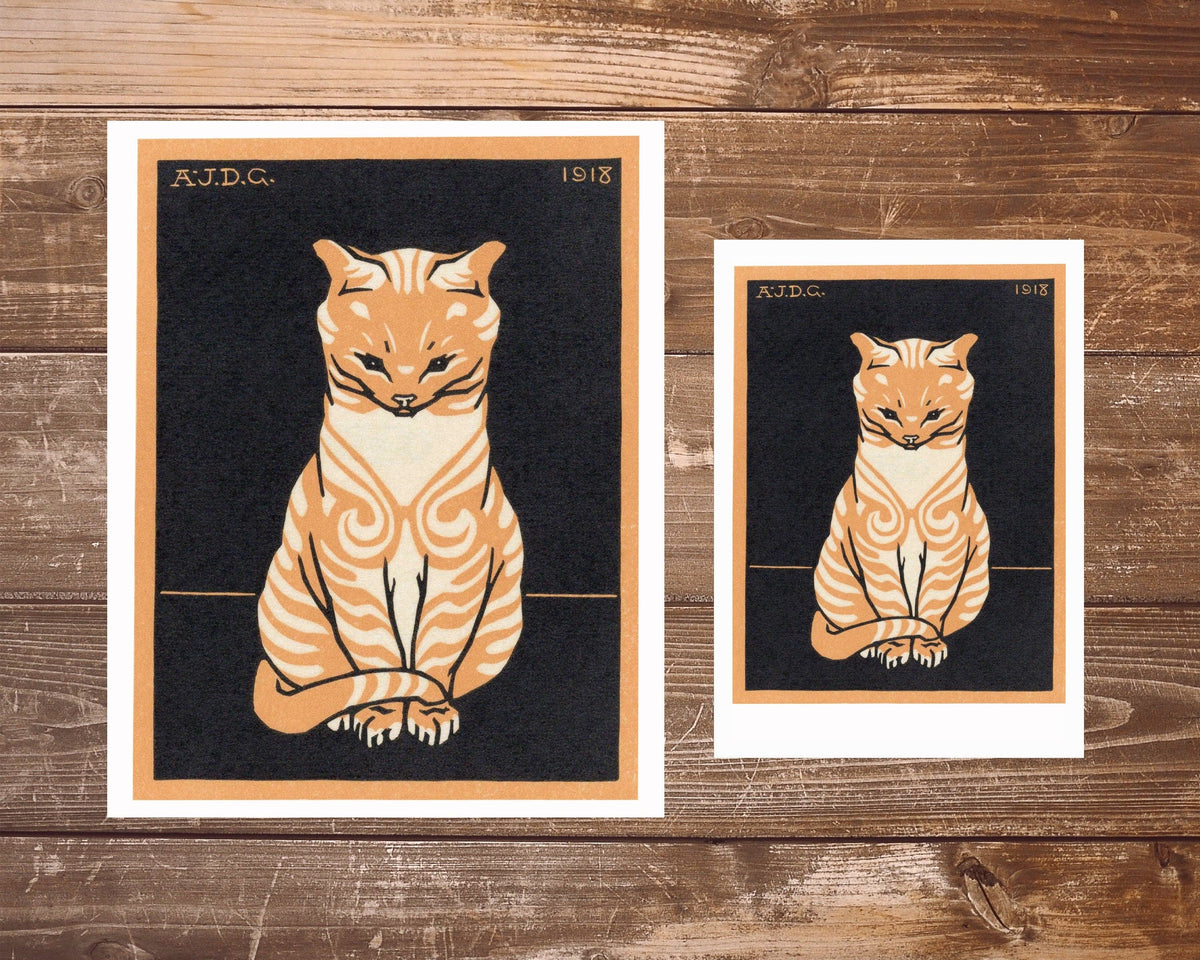 Vintage orange cat fine art print | Tabby cat | Art nouveau animal woodcut |  Woodblock animal wall art | Julie de Graag: 8x10 Inches