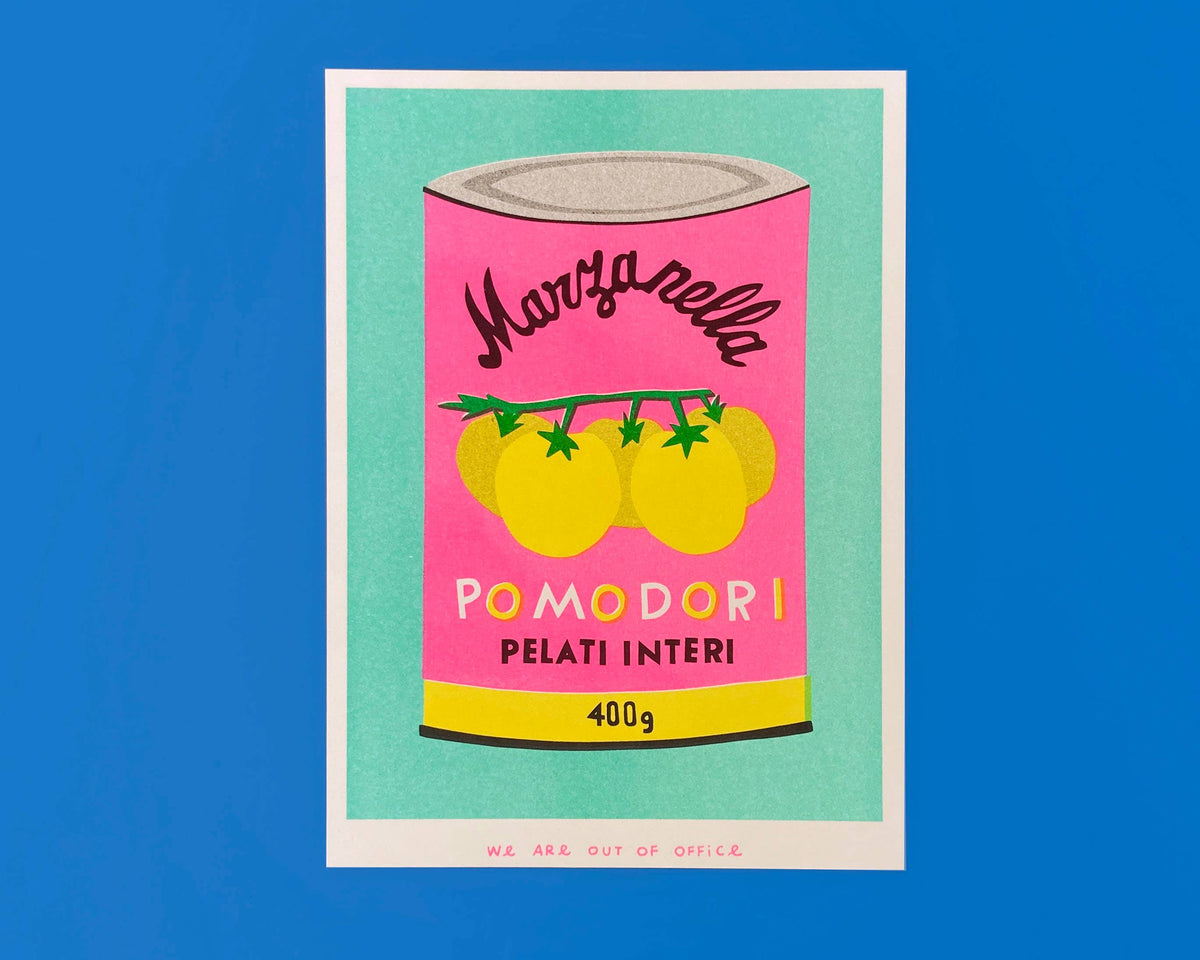 A risograph print of a can of pomodori