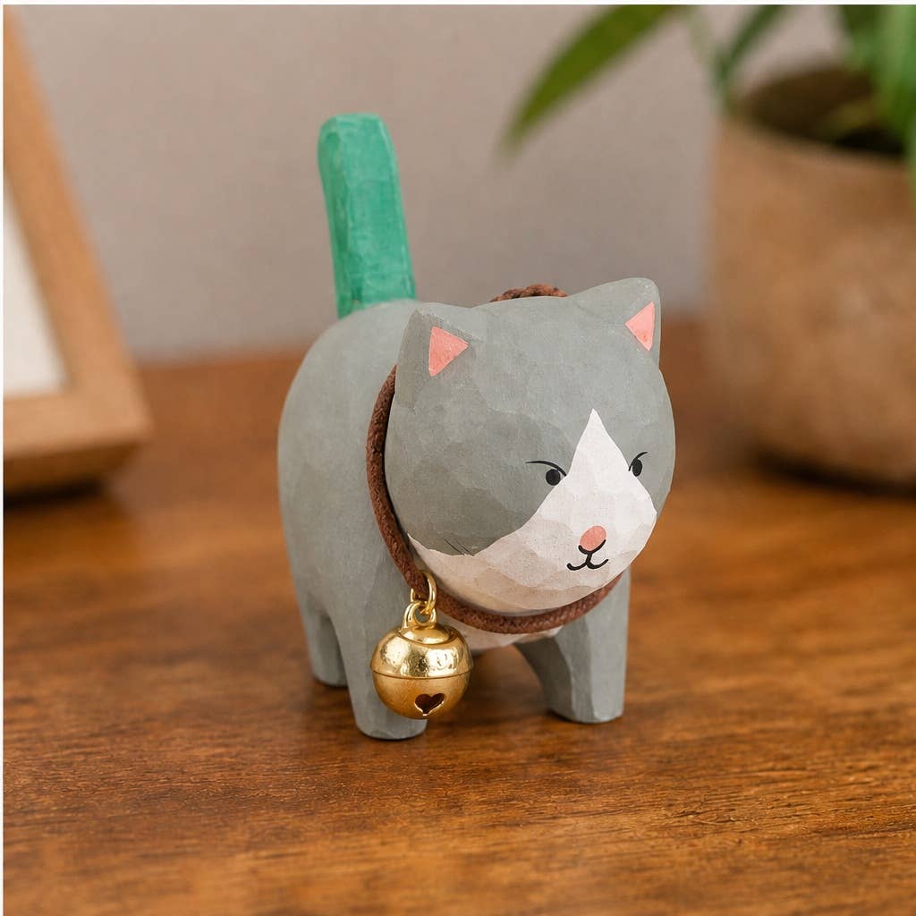 Hand-Carved Basswood Cat Figurine with Bell: A7