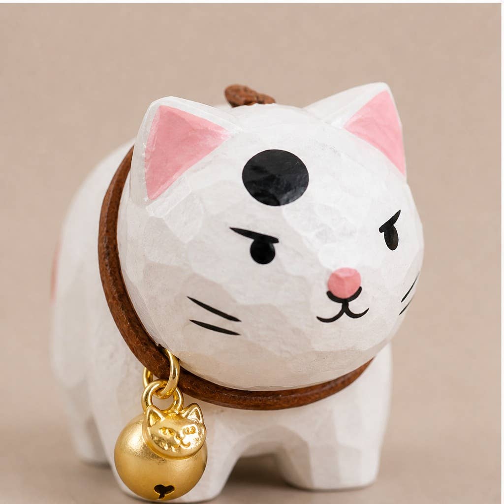 Hand-Carved Basswood Cat Figurine with Bell: A10