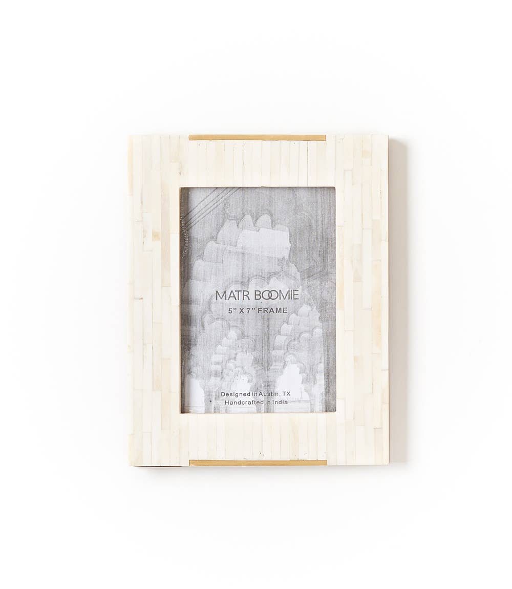 Mukhendu 5x7 Picture Frame -  Carved Bone, Brass Accent