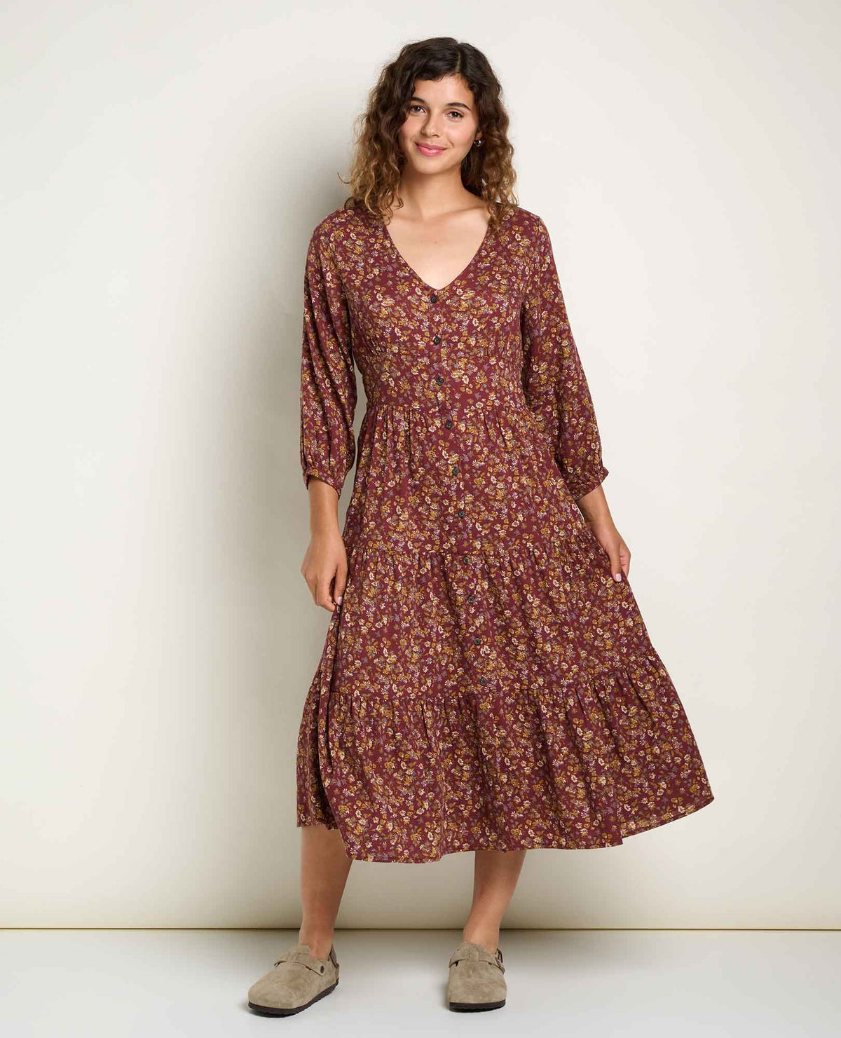 Manzana Tiered Midi Dress - Malbec Print (F26)