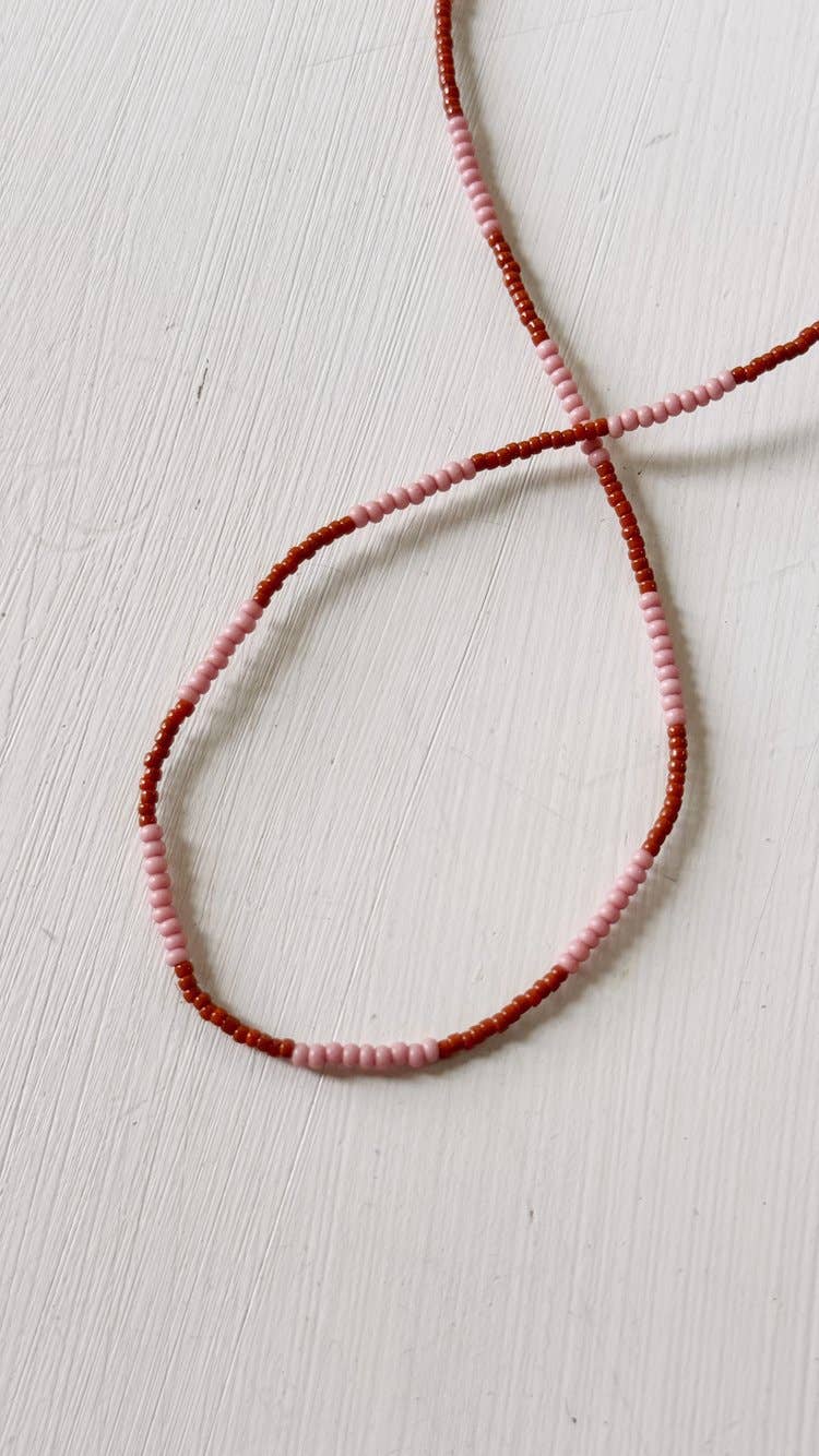 Beaded Necklace: Length 18&quot; Pink Brown