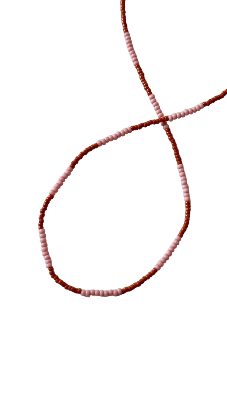 Beaded Necklace: Length 18&quot; Pink Brown
