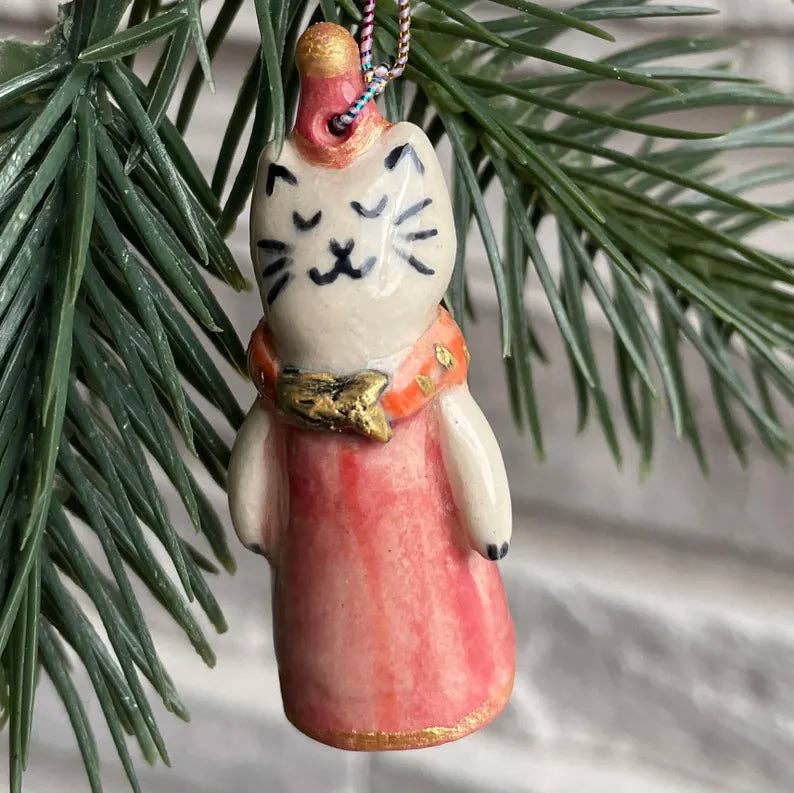 Tiny handmade cat themed ceramic Christmas ornament