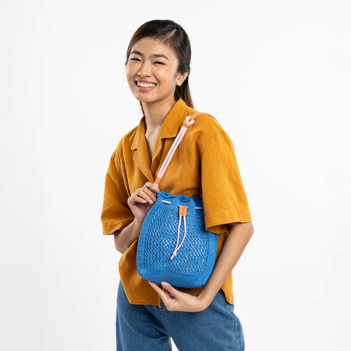 Drawstring Raffia Mini Bag: Cobalt