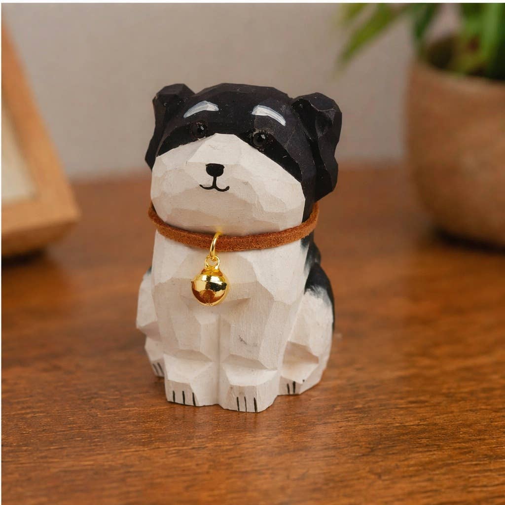 Hand-Carved Basswood Dog Figurine with Bell: A6