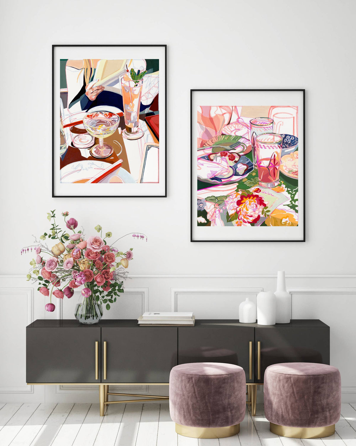 "Brunch Party" Pink Retro Still Life Signed Giclee Print: 8x10"'