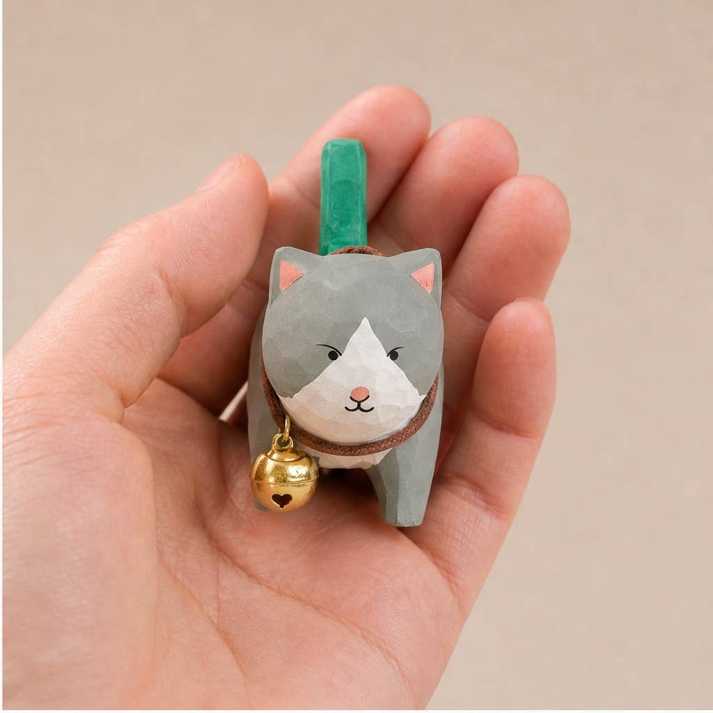 Hand-Carved Basswood Cat Figurine with Bell: A7