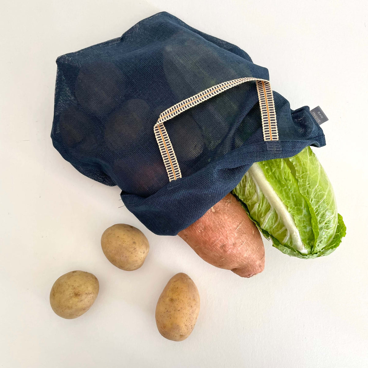 100% cotton gauze net eco produce bags with handle - large: Navy