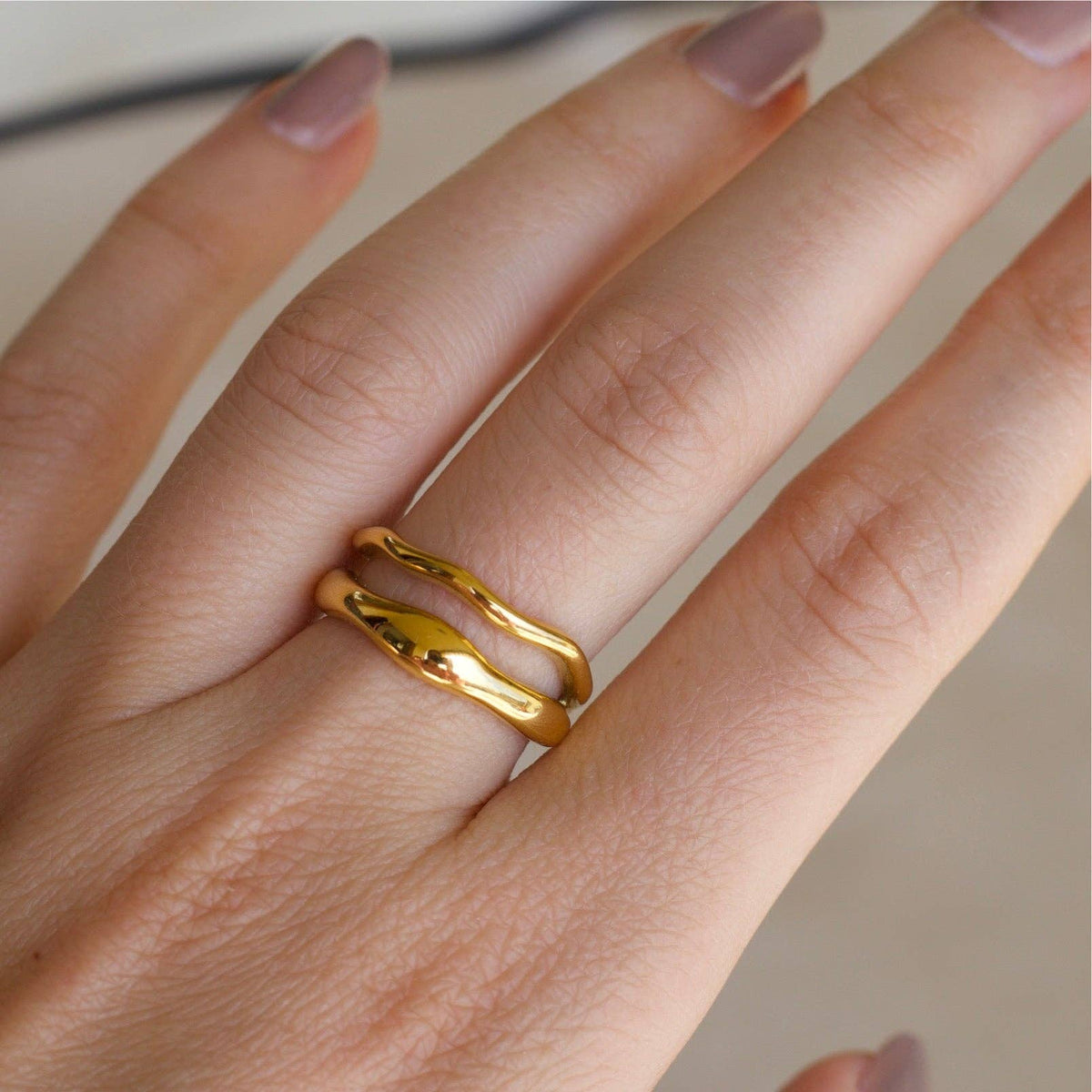 Shantina - Double Layer Wave Gold Stacking Ring