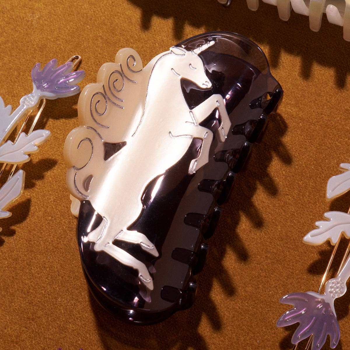 Unicorn Horse Women&#39;s Hair Claw Clip Cream and Navy Acetate