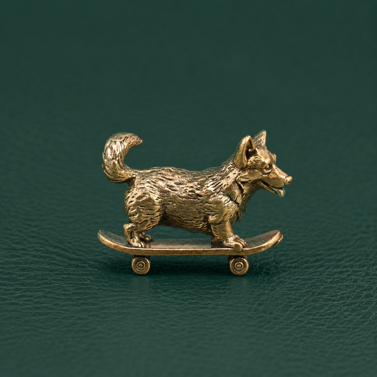 Solid Brass Skateboarding Corgi Figurine Ornament: A1