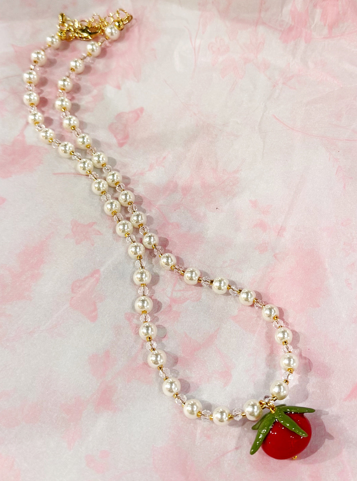 Tomato Pearl and Charm Necklace - Handmade