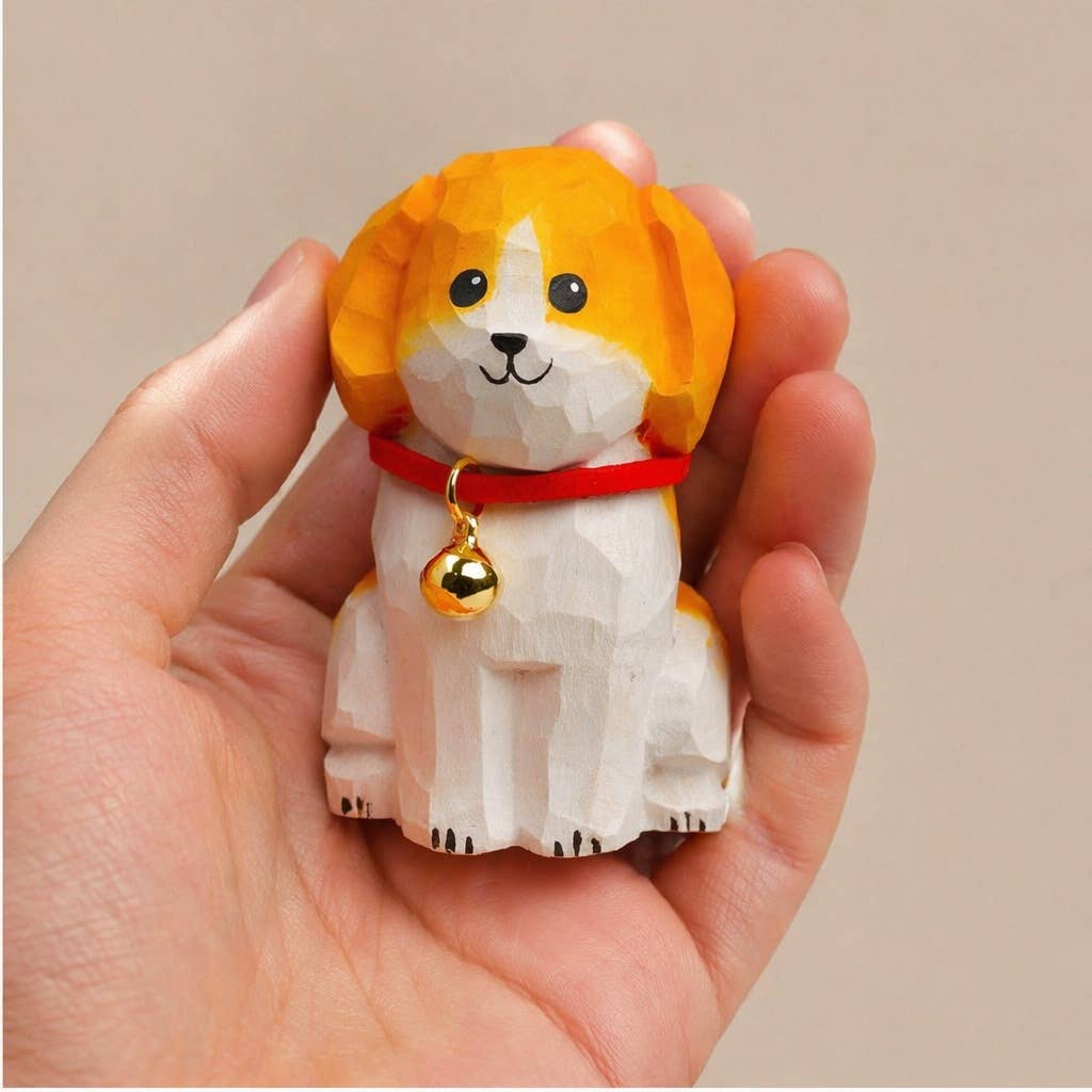 Hand-Carved Basswood Dog Figurine with Bell: A4