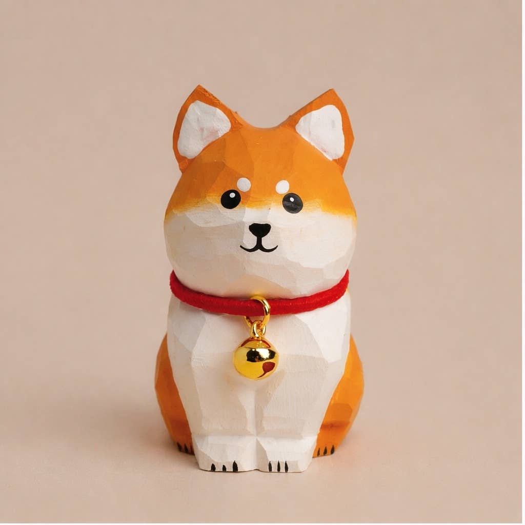 Hand-Carved Basswood Dog Figurine with Bell: A1