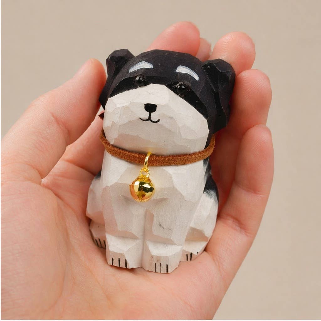 Hand-Carved Basswood Dog Figurine with Bell: A6