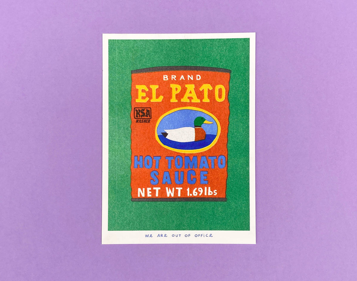 A risograph print of a can op hot tomato sauce