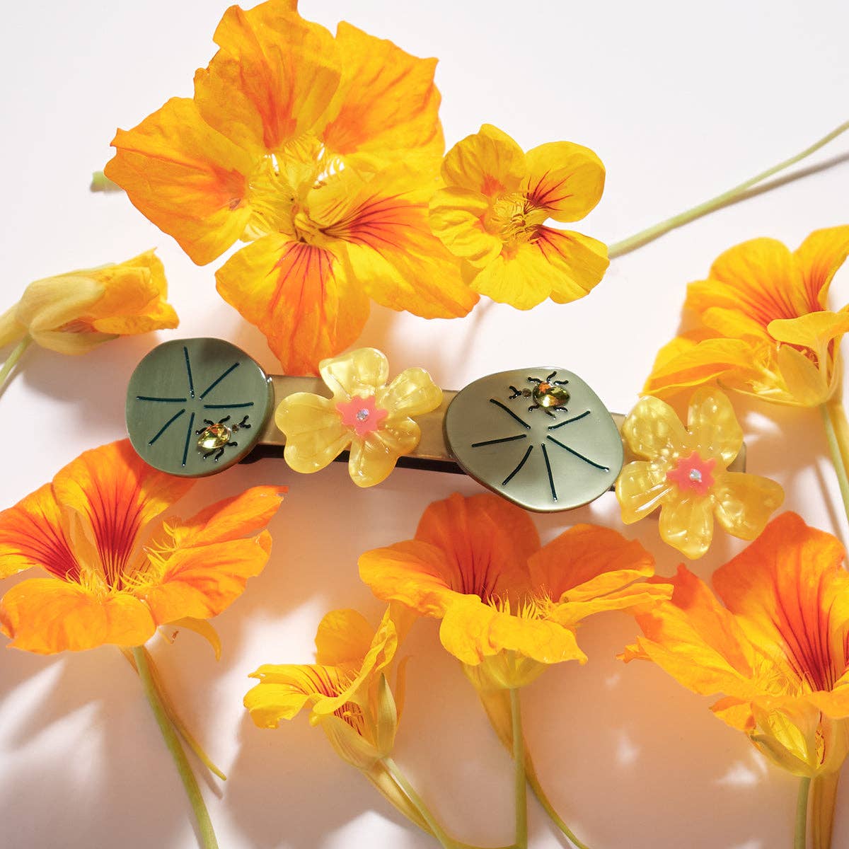 Jeweled Nasturtium French Barrette - Flower Beetle Hair Clip