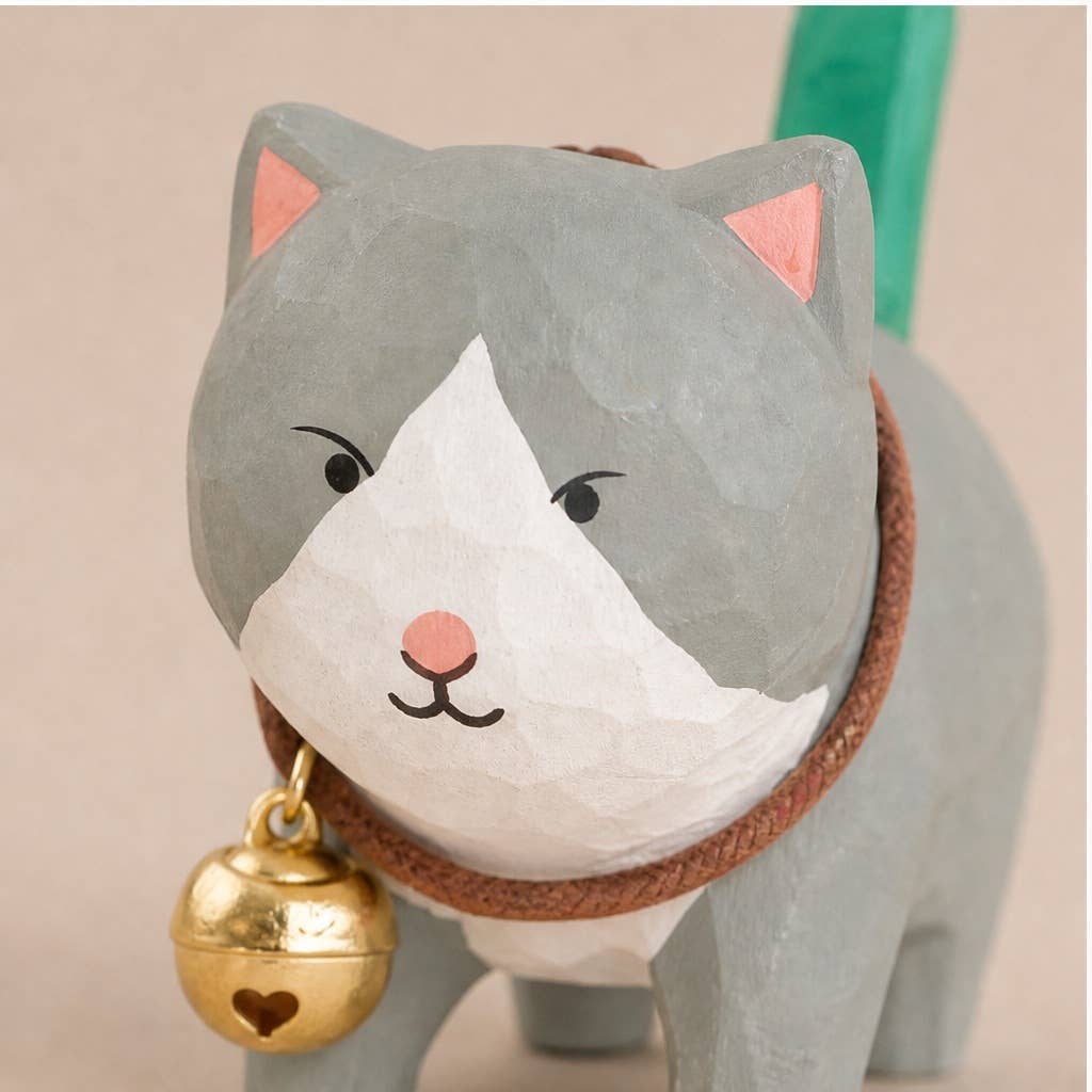 Hand-Carved Basswood Cat Figurine with Bell: A7