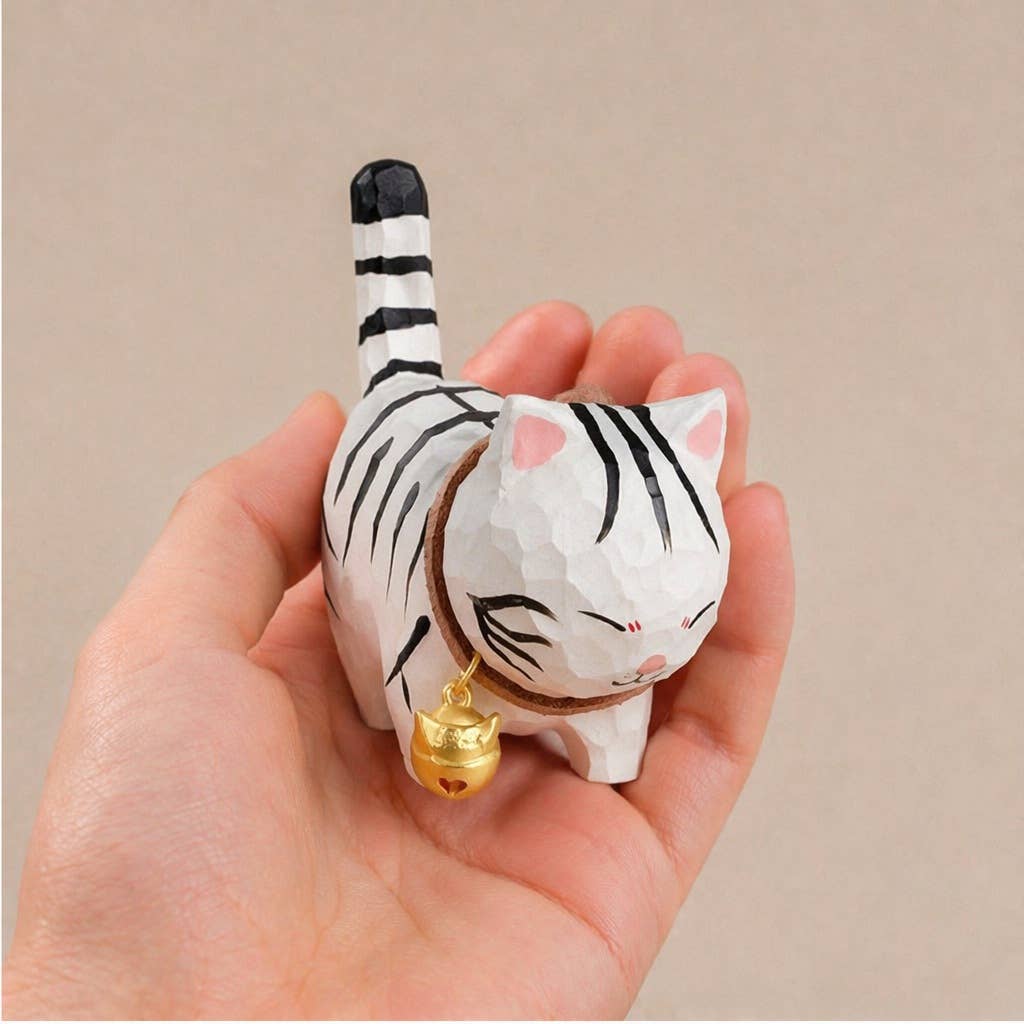 Hand-Carved Basswood Cat Figurine with Bell: A9