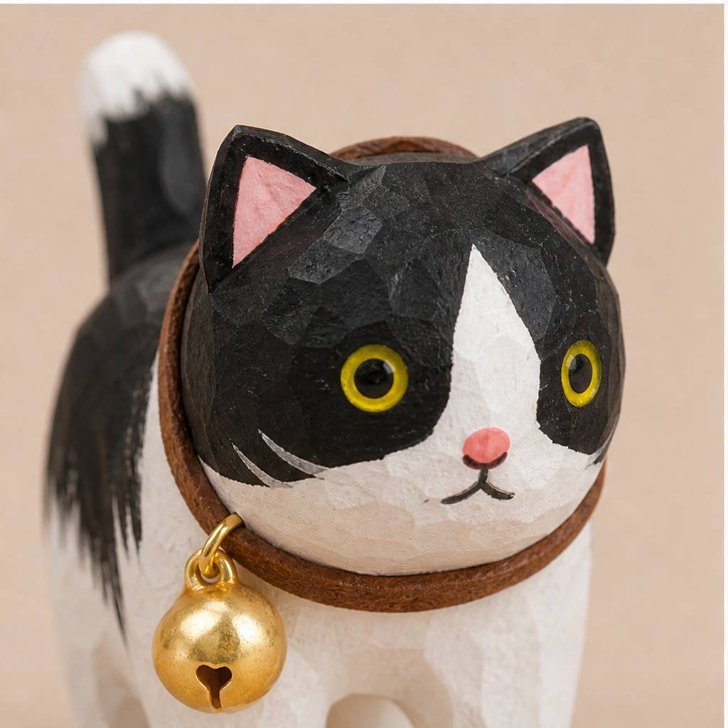 Hand-Carved Basswood Cat Figurine with Bell: A8