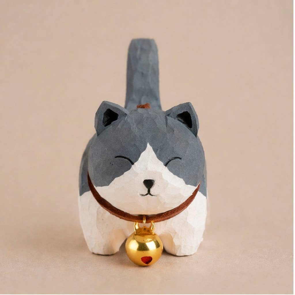 Hand-Carved Basswood Cat Figurine with Bell: A3