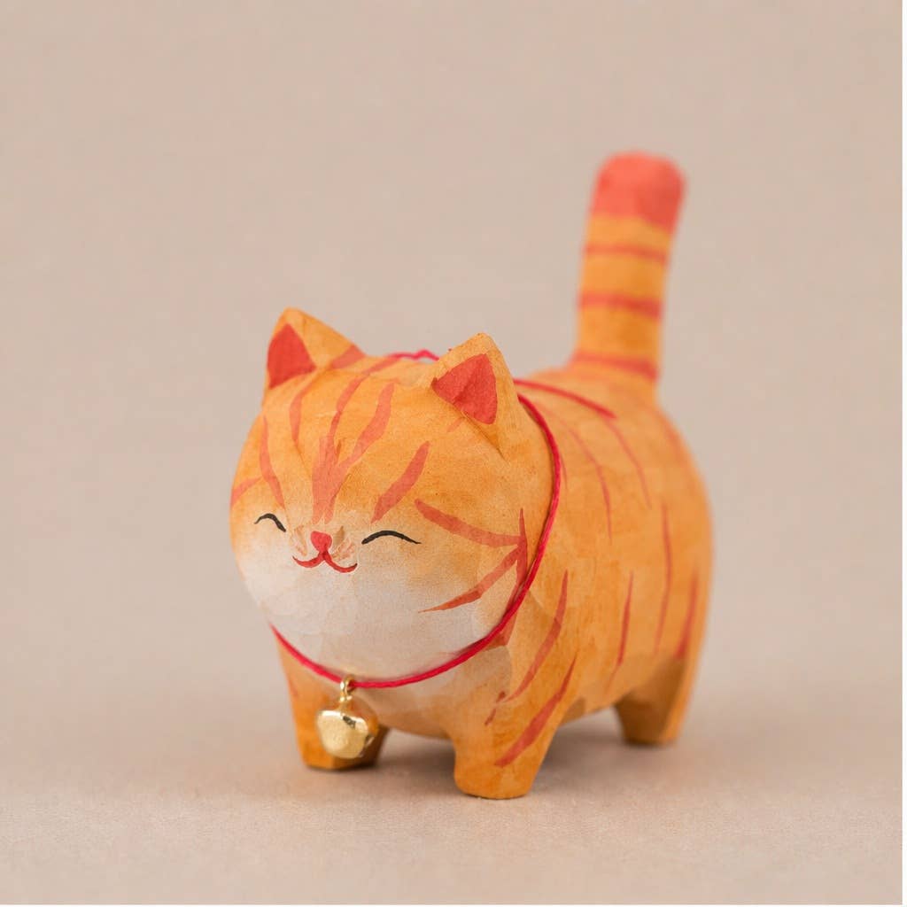Hand-Carved Wooden Cat Figurine with Bell: A1