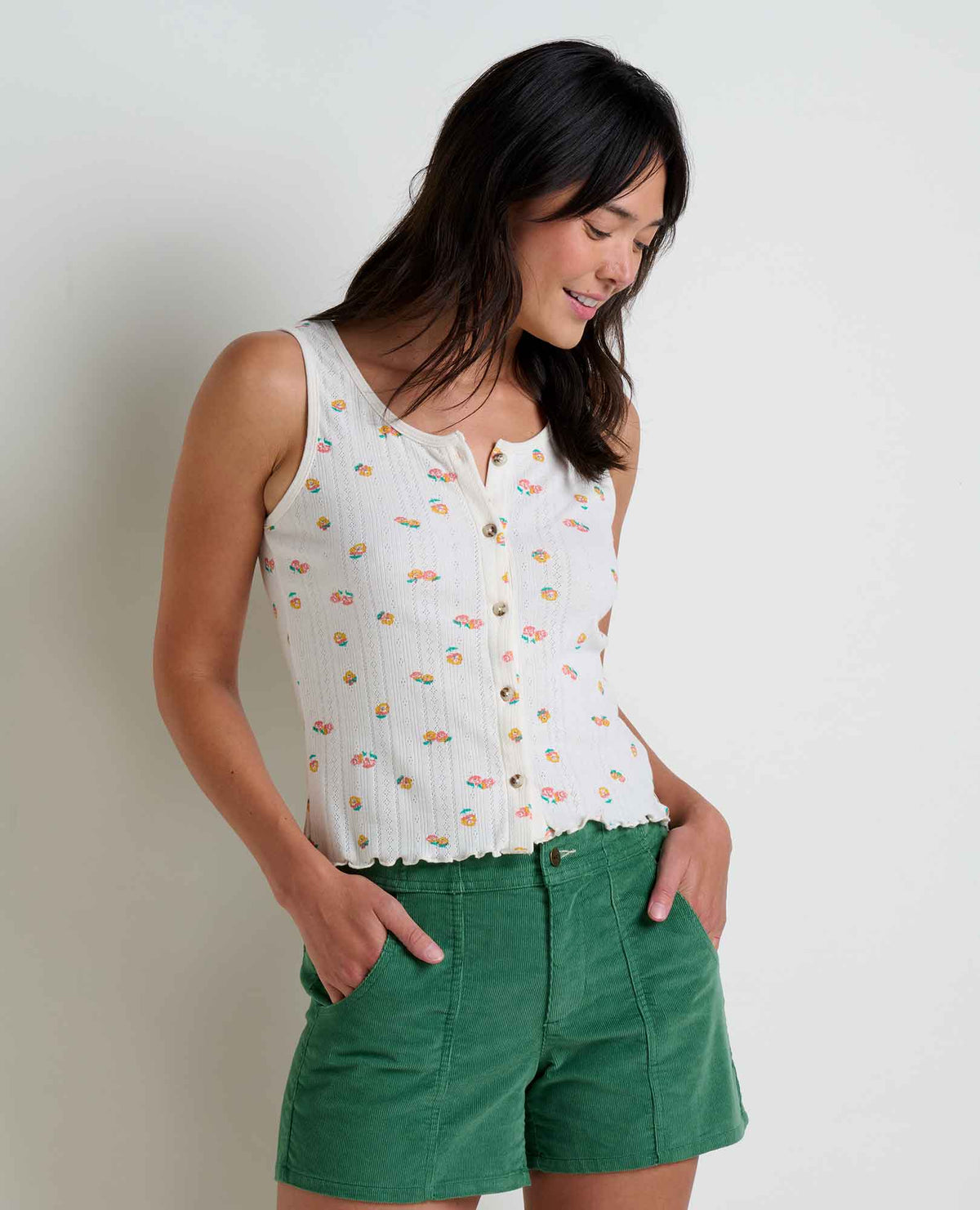 Foothill Pointelle Button Tank (Salt Nasturtium Print)