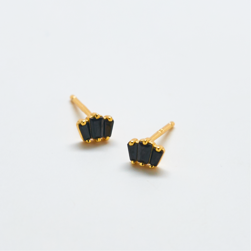 Black Trio Baguette Gold Vermeil Geometric Stud Earring - SINGLE
