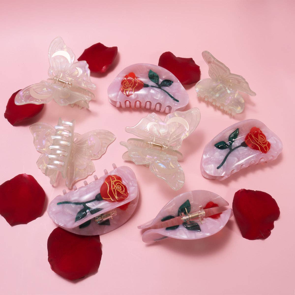 Belle Pink Single Red Rose Acetate Hair Claw