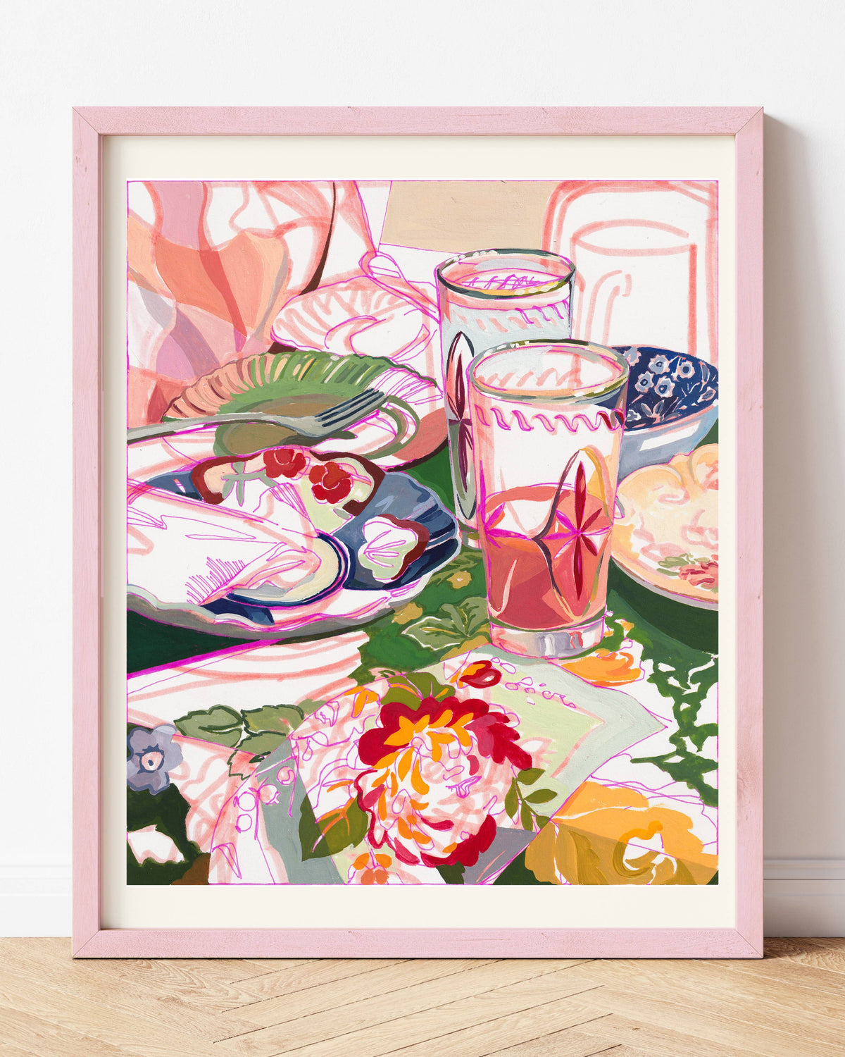 "Brunch Party" Pink Retro Still Life Signed Giclee Print: 8x10"'