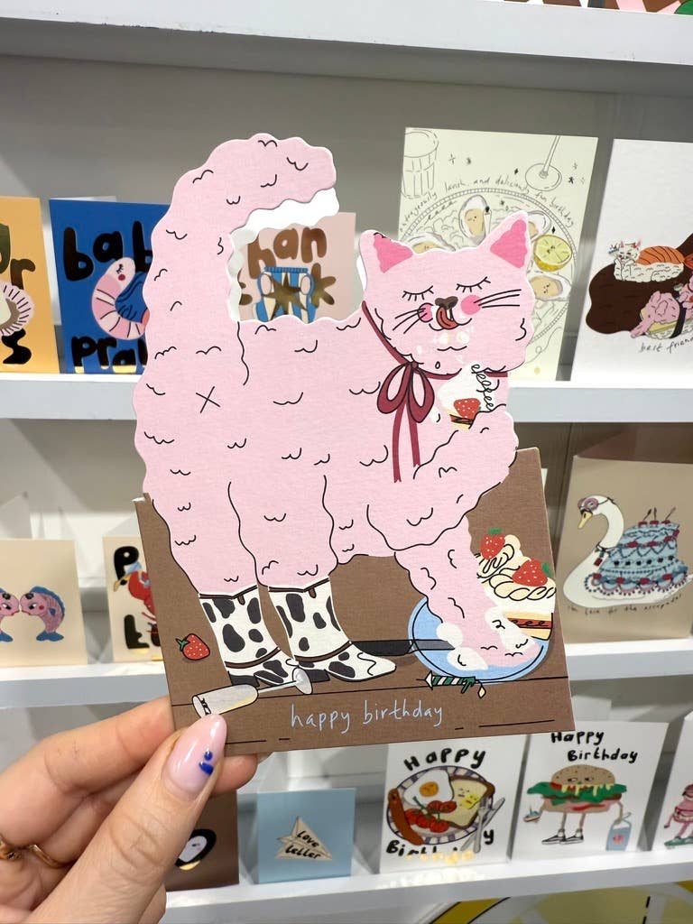 Hey cat cake, die cut birthday card for her