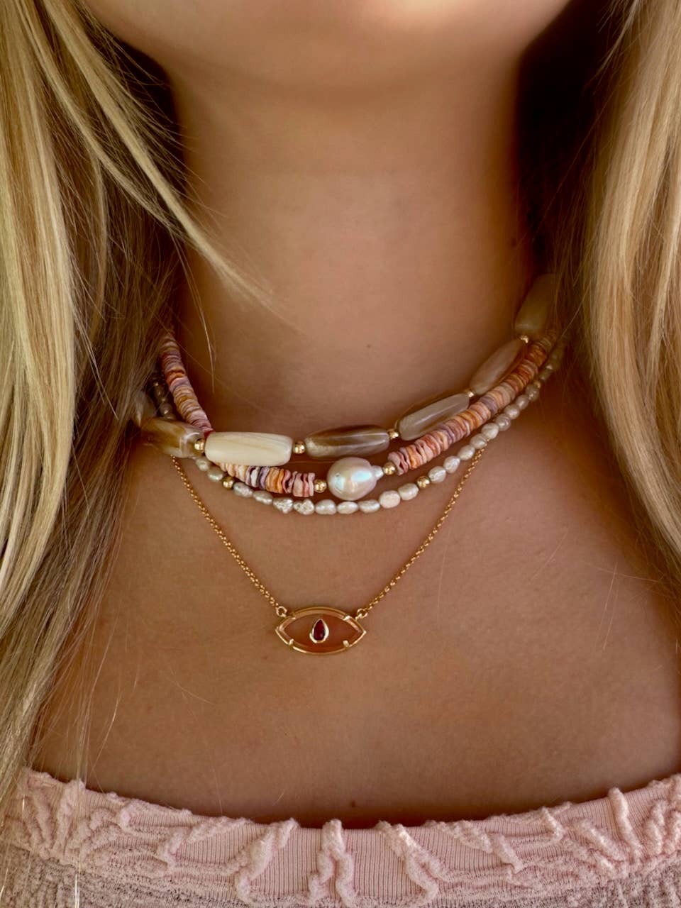 Haven Gemstone Evil Eye Necklace: Rose Quartz