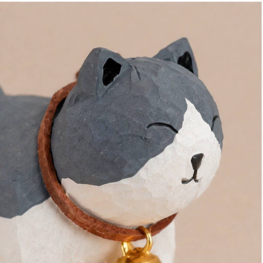 Hand-Carved Basswood Cat Figurine with Bell: A3