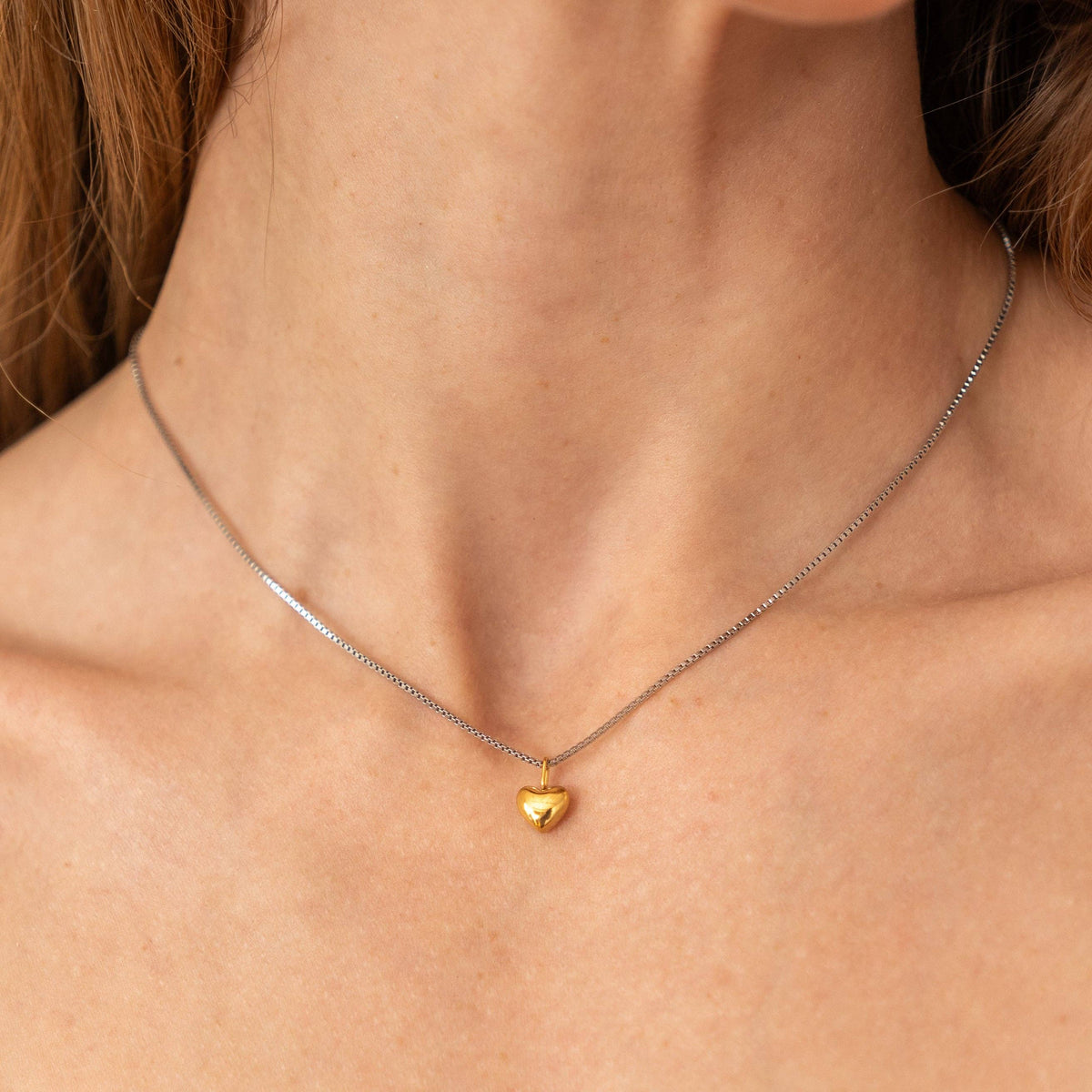 Waterproof Dainty Two-Tone Puffy Heart Necklace: Silver