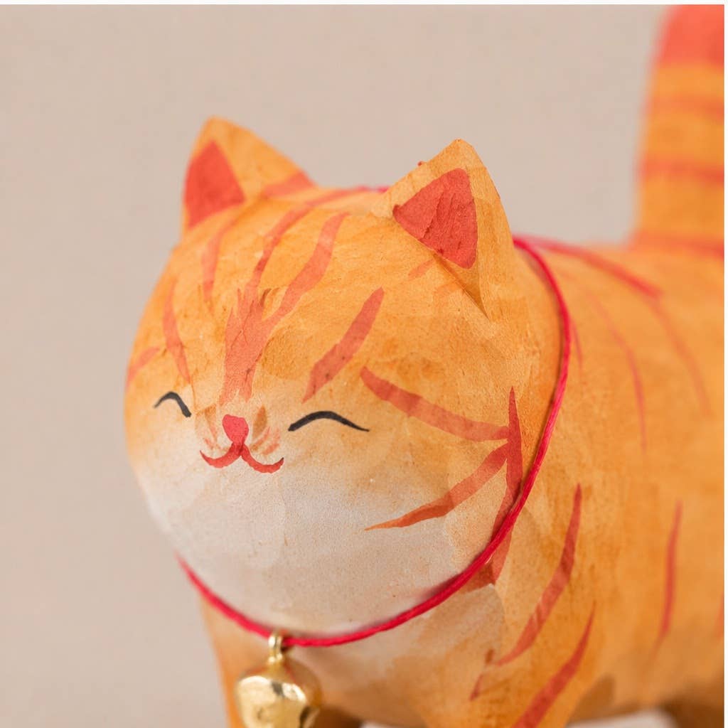 Hand-Carved Wooden Cat Figurine with Bell: A1
