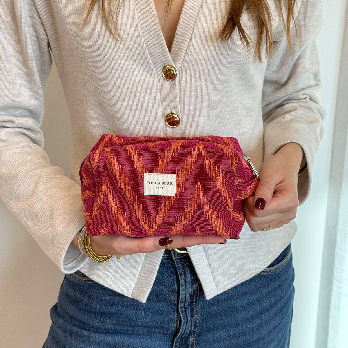 Zigzag Jacquard Squared Makeup Bag – Pink & Orange (Fuego)