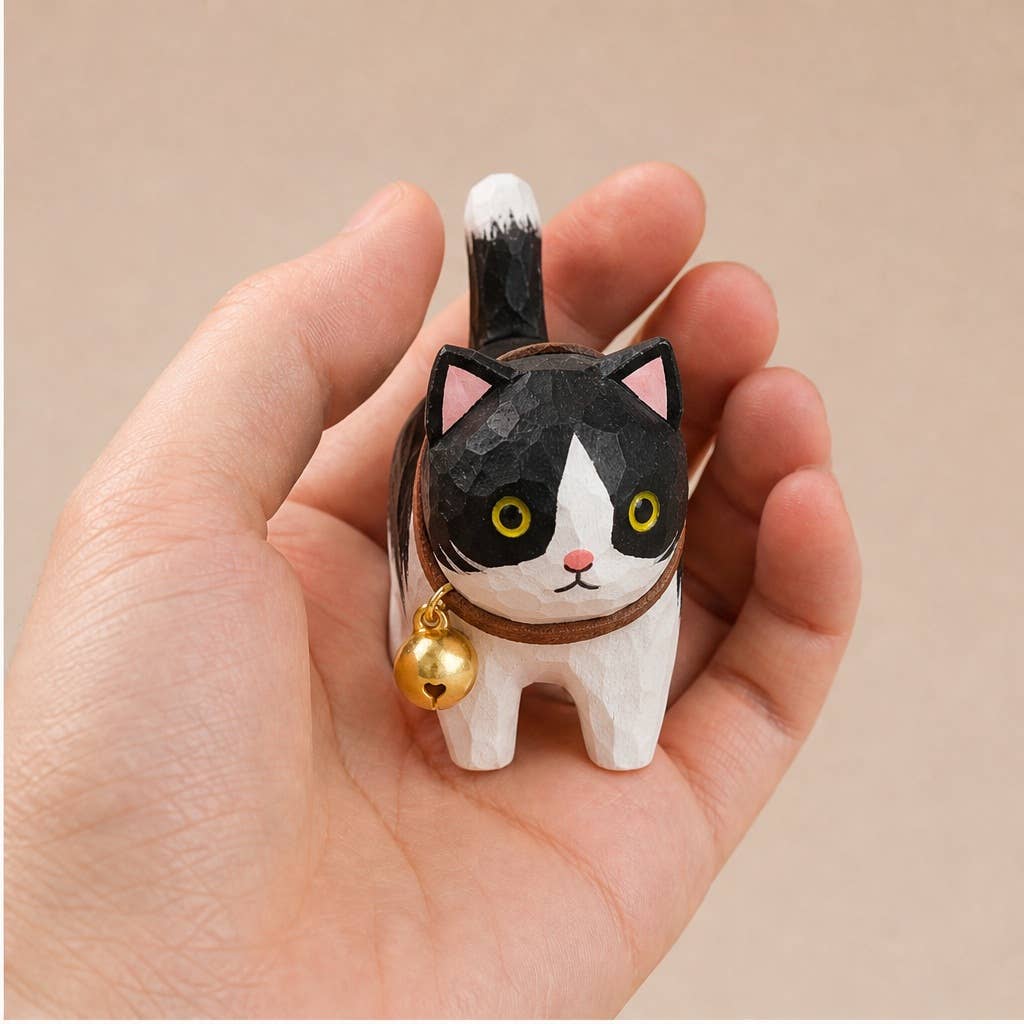Hand-Carved Basswood Cat Figurine with Bell: A8