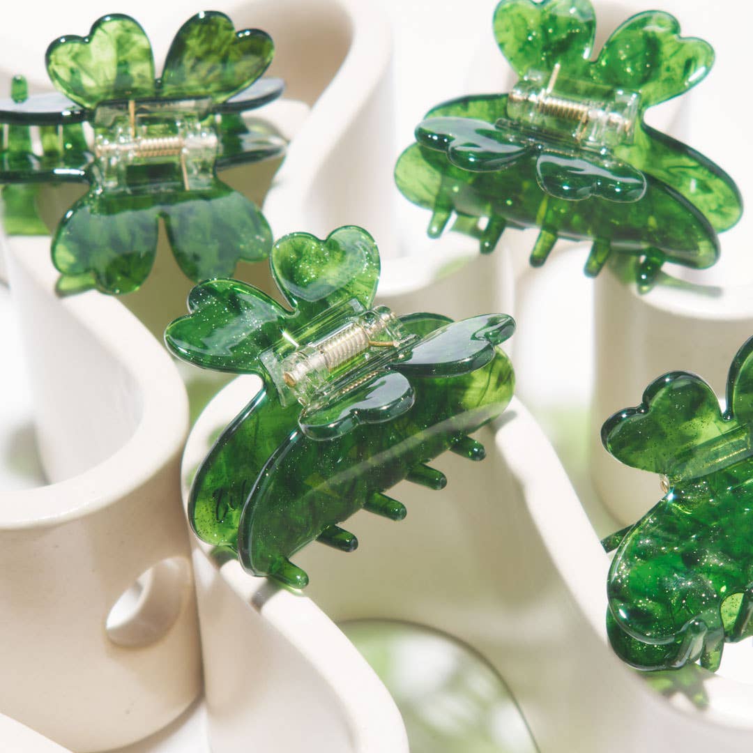 Lucky Four Leaf Clover Green Sparkle Acetate Hair Claw Clip