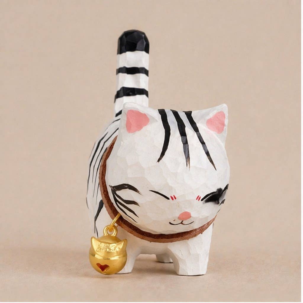 Hand-Carved Basswood Cat Figurine with Bell: A9