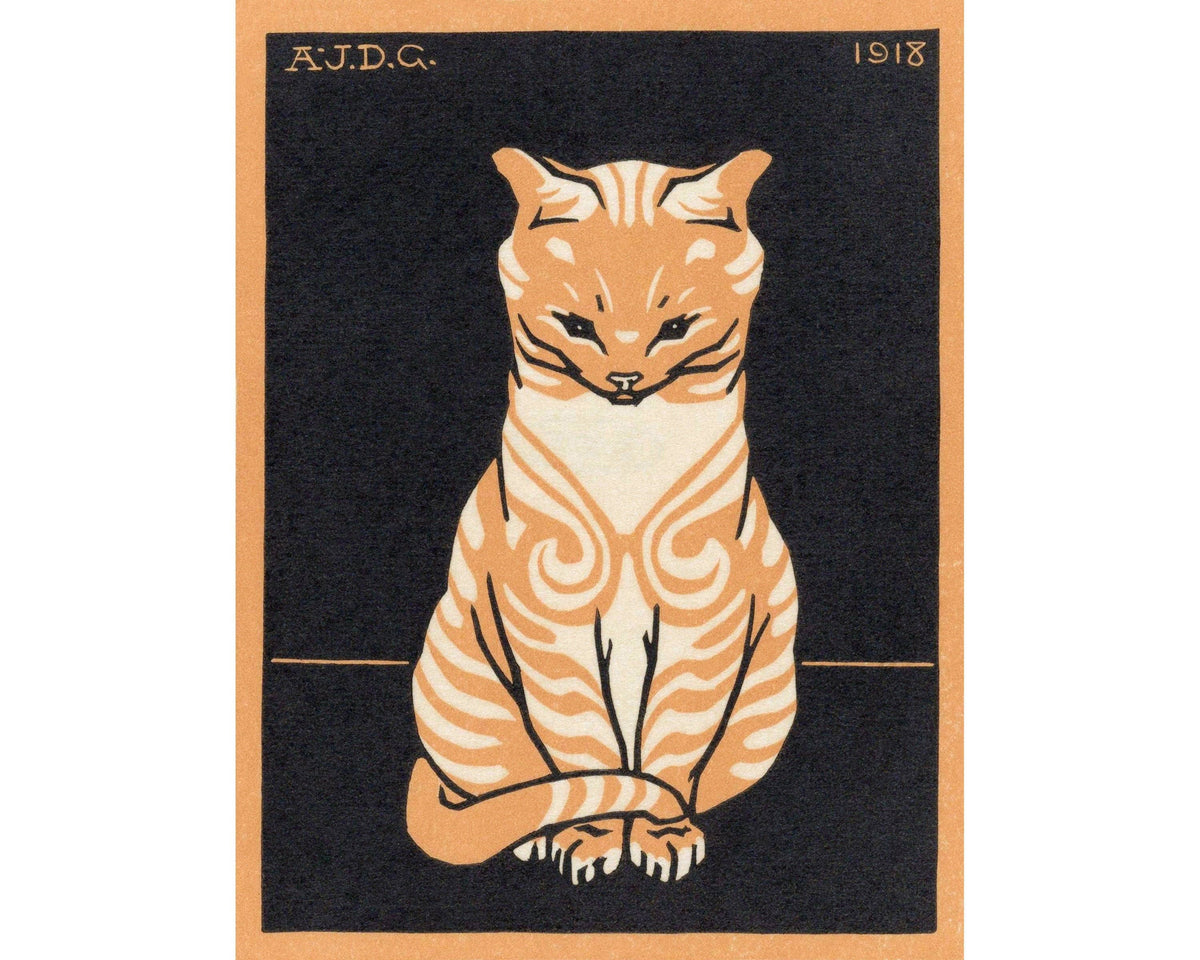 Vintage orange cat fine art print | Tabby cat | Art nouveau animal woodcut |  Woodblock animal wall art | Julie de Graag: 8x10 Inches