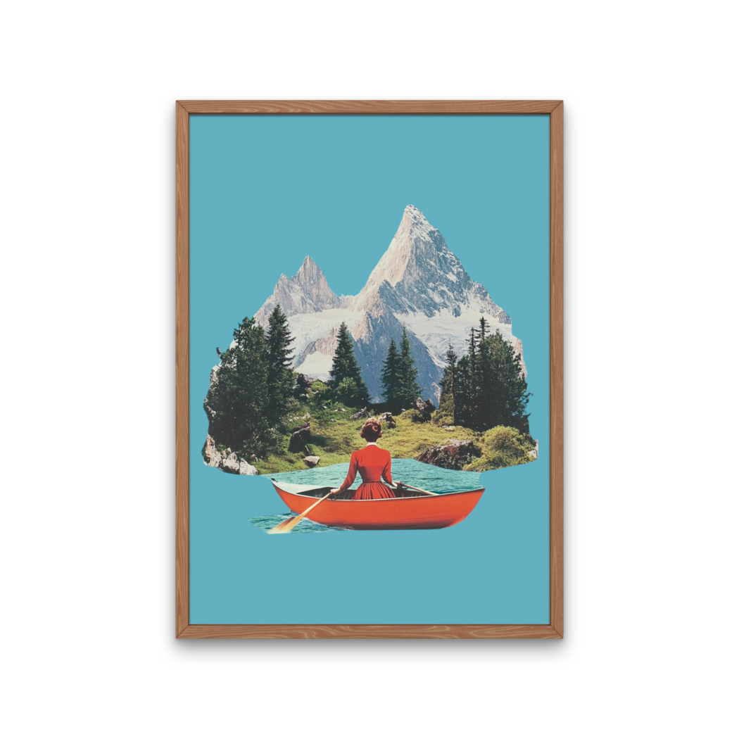 Vintage Nature Collage, Mountain Theme Wall Art, Red Canoe