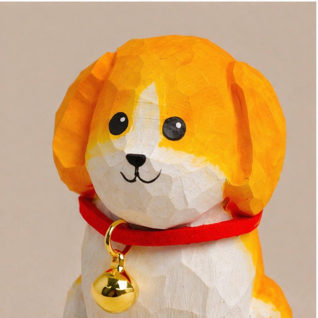 Hand-Carved Basswood Dog Figurine with Bell: A4
