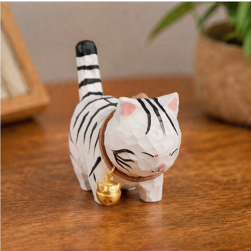 Hand-Carved Basswood Cat Figurine with Bell: A9