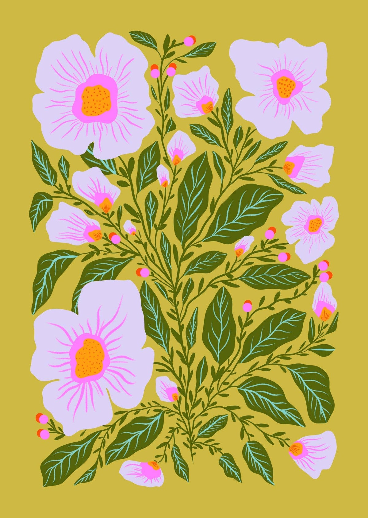 Green and Lilac Floral Illustration Blooms Art Print