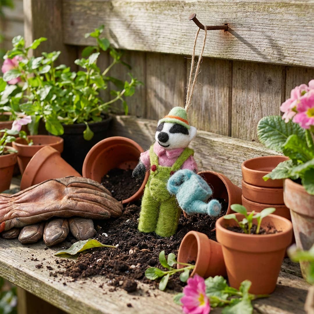 Handmade Felt Gus the Gardening Badger Ornament
