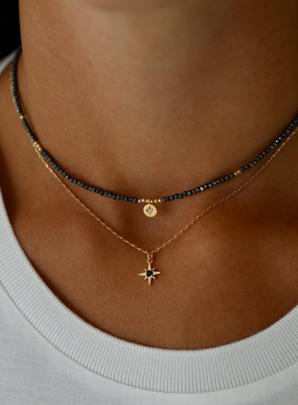 BEADED STAR MEDALLION NECKLACE: HEMATITE